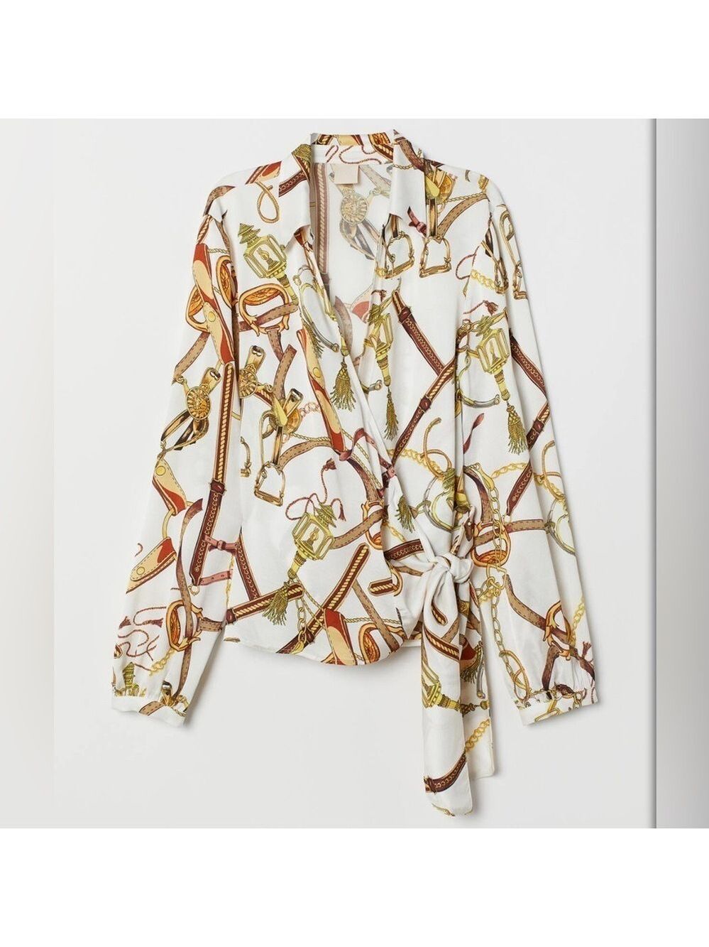 H&M Western Wrapover Blouse W/TIE Western Print Neutral colours Flowy fabric sz2